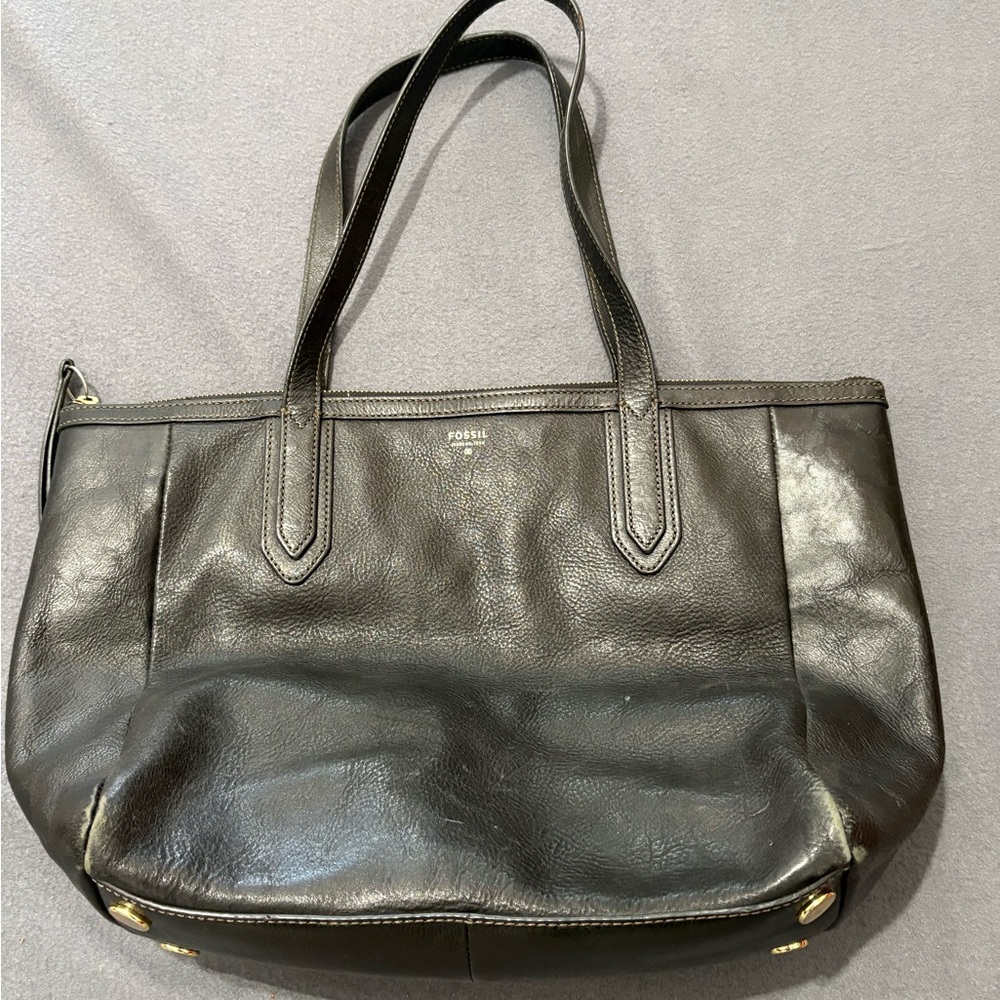 Fossil Purse Black Large Leather Tote Bag Zipper With Pockets